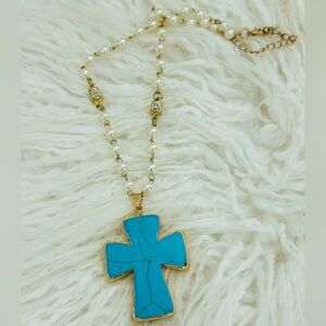 Turquoise Gold Pearl Adjustable Cross Pendant Necklace